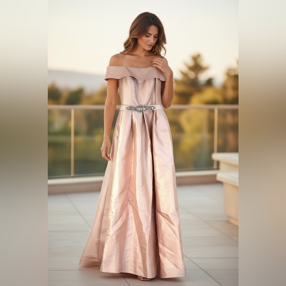Eliza J Blush Pink Off-Shoulder Gown with Rhinestone Belt – Size 8 - Picture 4 of 13